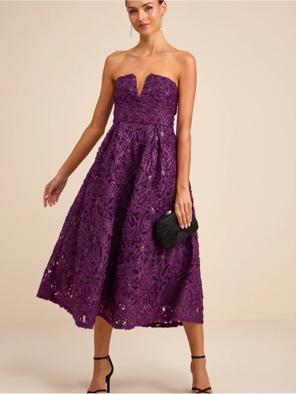 NWT Ryla Purple Textured Sequin Strapless Midi Dress